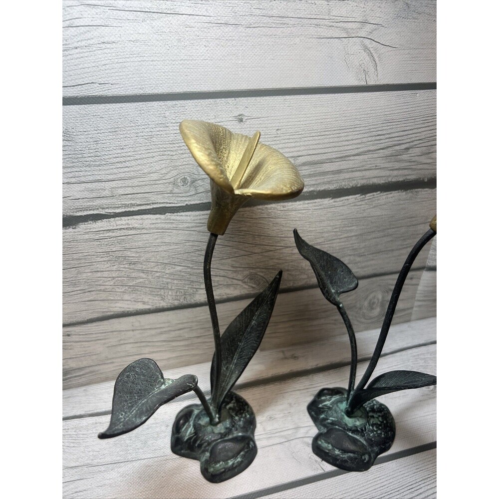 VINTAGE Verdigris Calla Lily Brass Candle Holder Art Nouveau Patina Leave Flower - Picture 9 of 10